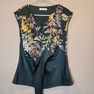 Oasis Blouse Womens 10 Floral Hummingbird Green Silky Tie Back